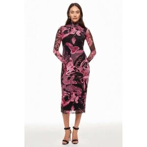 PRABAL GURUNG Mesh Floral Print Mock Neck Long Sleeve Midi Dress Size L